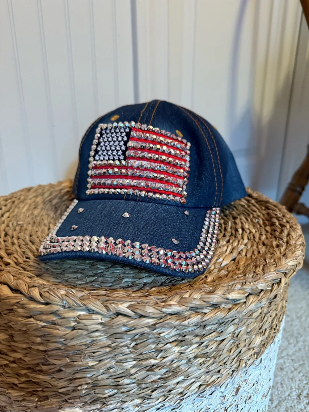 Denim Baseball Cap with Rhinestone American Flag - NWOT
